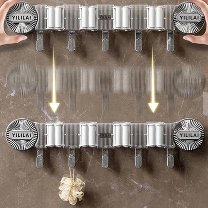 4-Holes Multi-Purpose Hooks Mop Hanger / Rack with  Hanging Hooks & Self adhesive Stickers