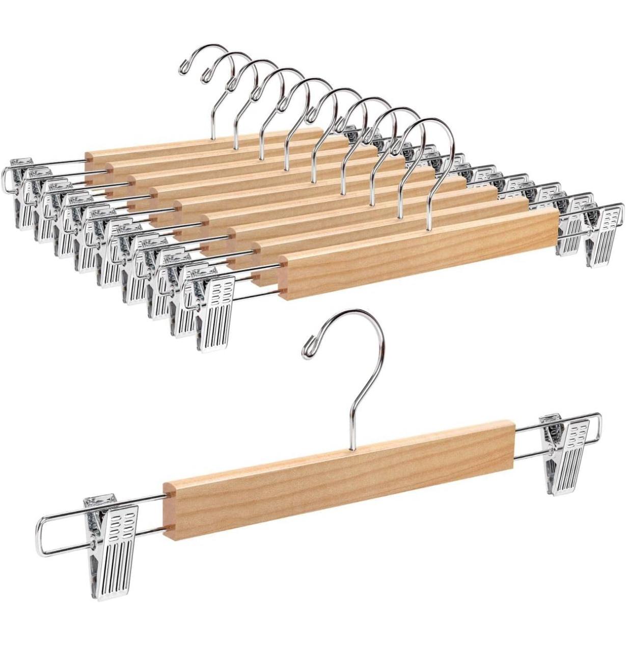 5pcs High Grade Natural Wooden Hangers Skirt Pants Hangers with Clips and 360° Swivel Hook