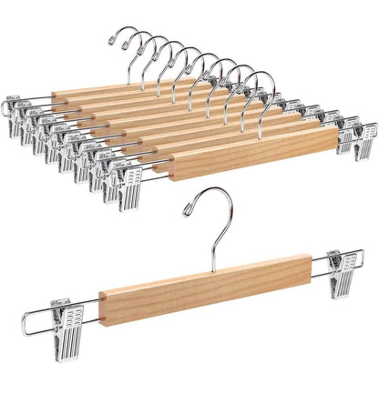 5pcs High Grade Natural Wooden Hangers Skirt Pants Hangers with Clips and 360° Swivel Hook