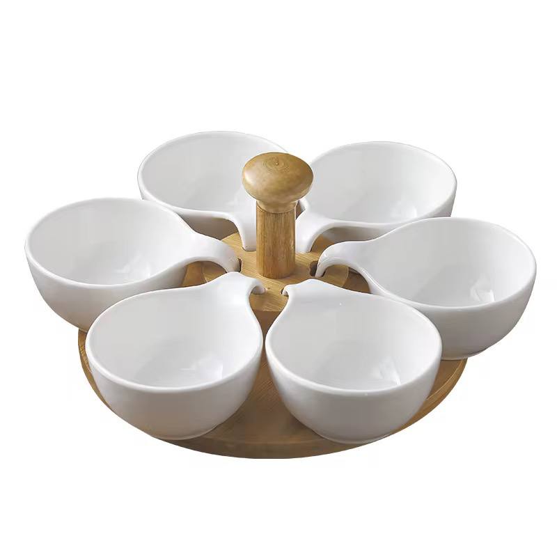 6pcs ceramic sauce bowls set with Rotary Bamboo Stand