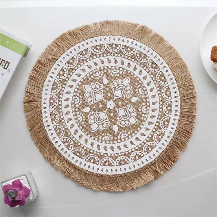 42 cm Boho woven jute dining placemats with silkscreen printing 6pcs