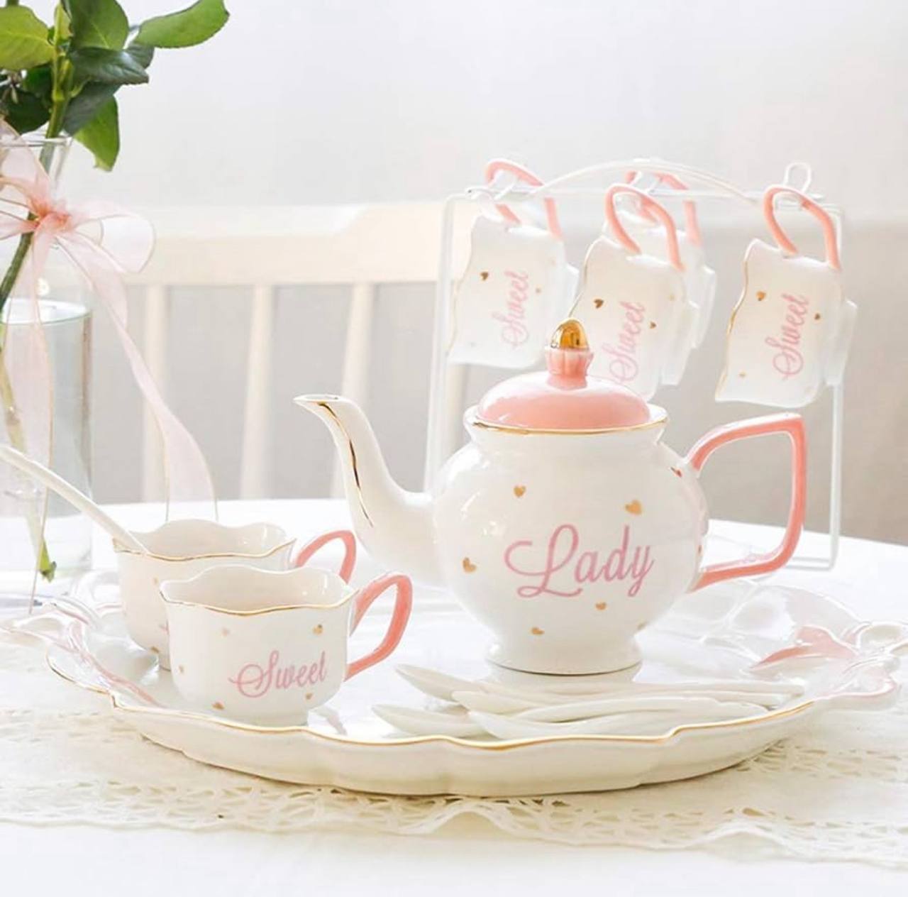 7pcs Tea set with Ceramic round tray