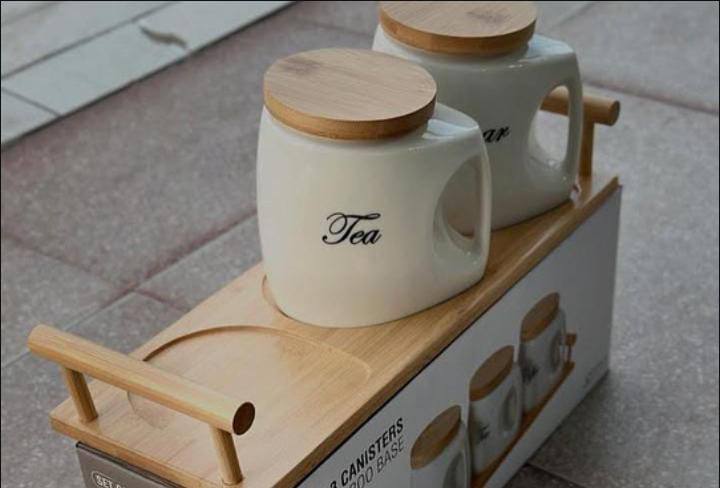 3pcs canisters set with bamboo tray, cute and elegant cans