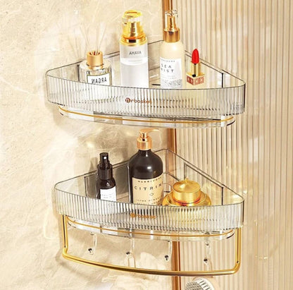 Acrylic Punch Free Bathroom Corner Shelf with towel bar and hooks