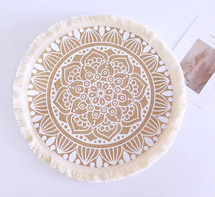 42 cm Boho woven jute dining placemats with silkscreen printing 6pcs