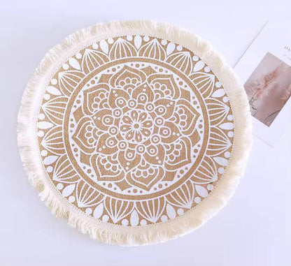 42 cm Boho woven jute dining placemats with silkscreen printing 6pcs