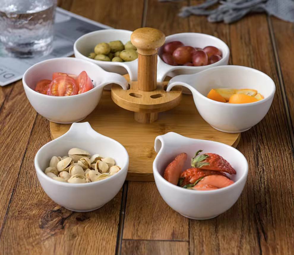 6pcs ceramic sauce bowls set with Rotary Bamboo Stand