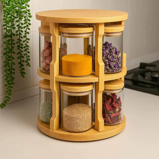 360 Degree Rotating Tabletop Spice Bamboo  Rack