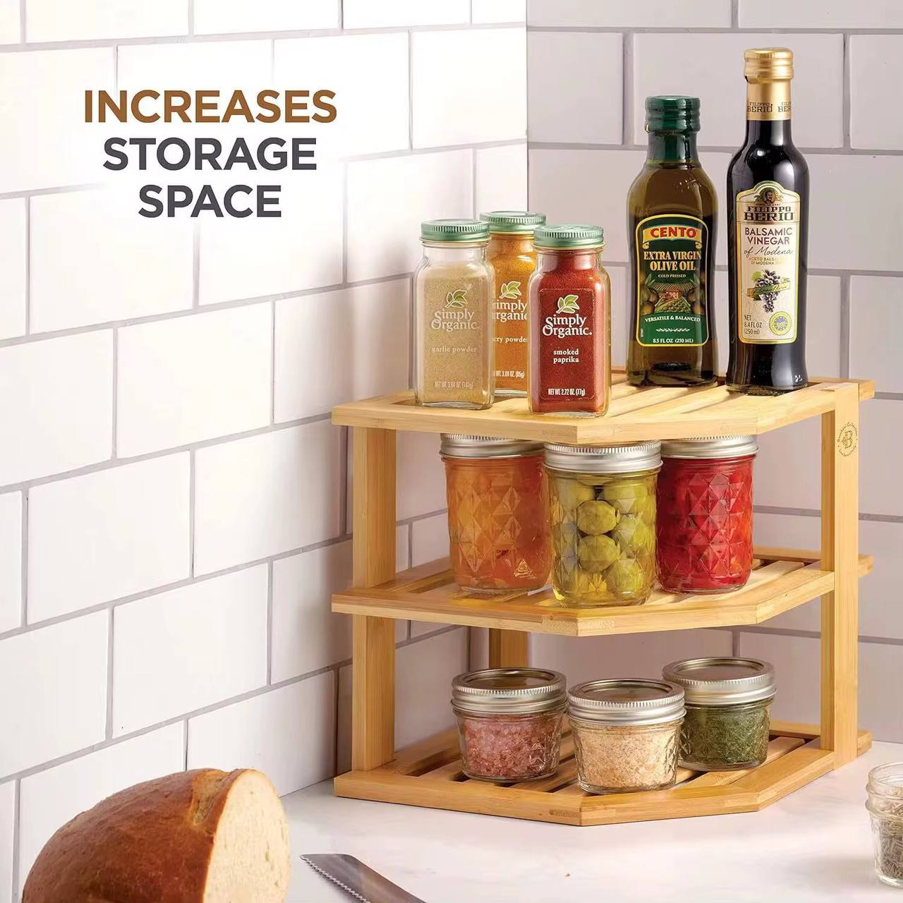 3 tier CORNER BAMBOO KITCHEN STORAGE SPICE RACK