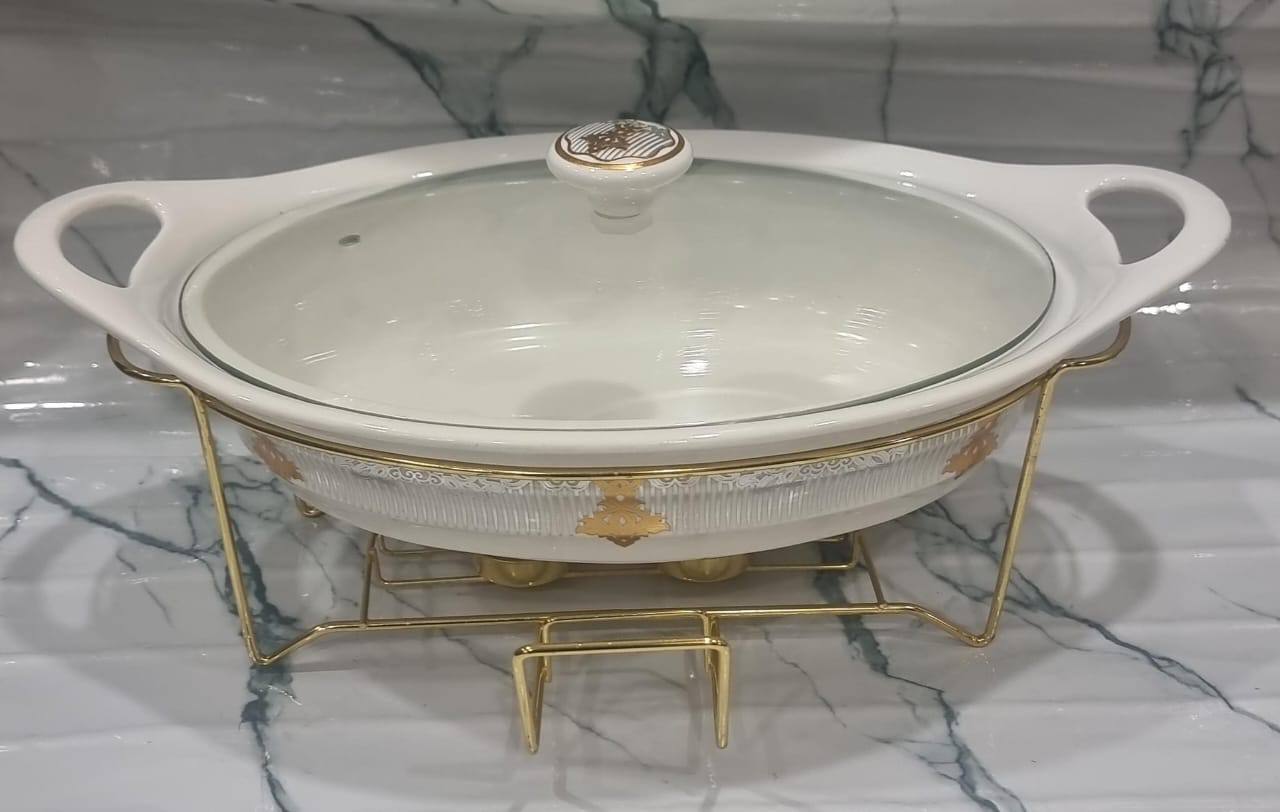 1.5L or 2L single ceramic round chaffing dish + burner and golden stand