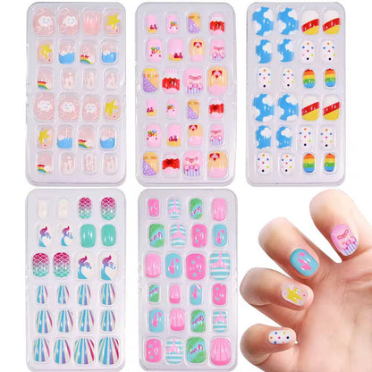 120/24pcs/box Kids Cartoon Pattern Wearing Fake Nails