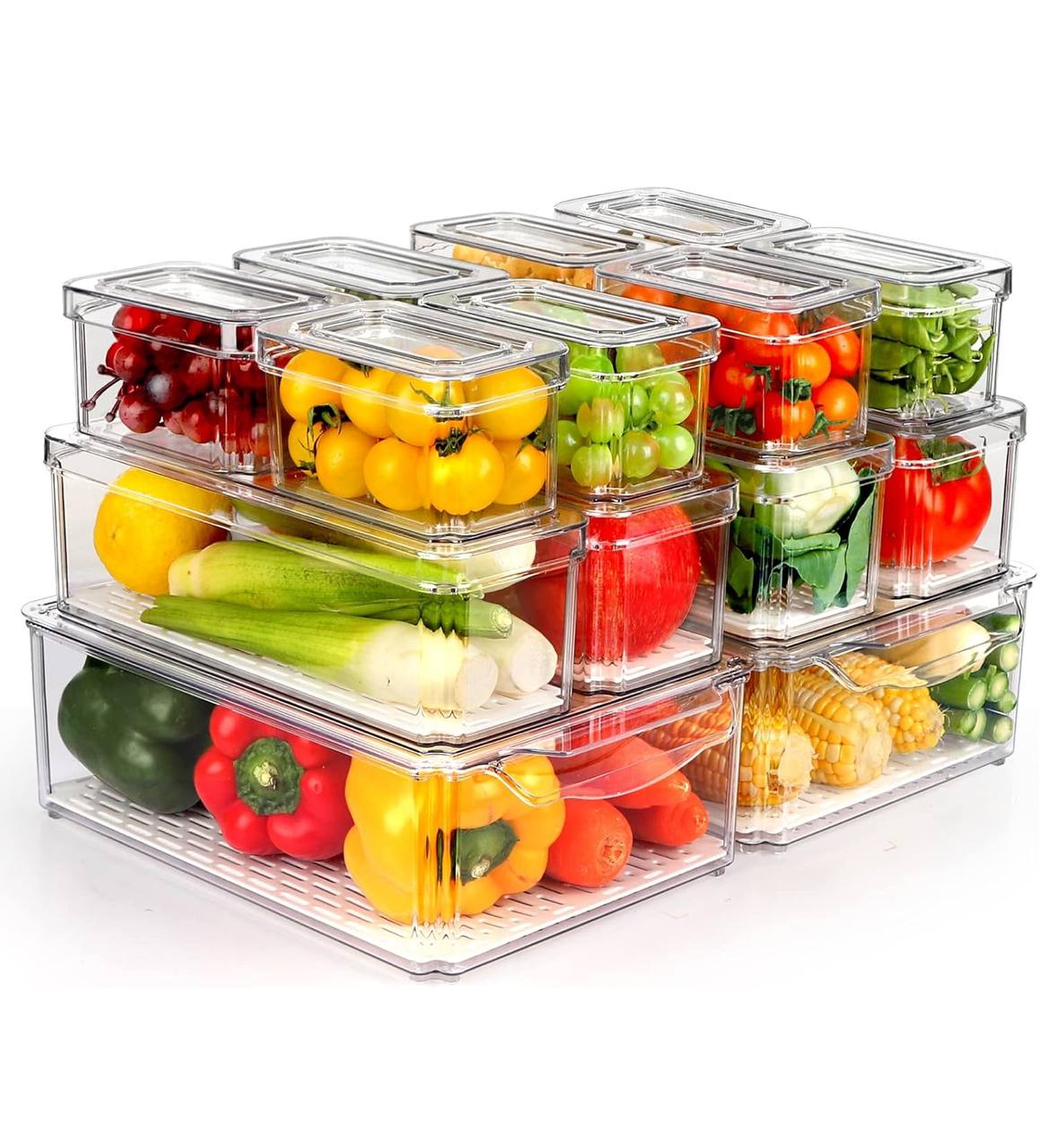 14 pcs BPA-Free Stackable acrylic Fridge Organizer Bins with Lids