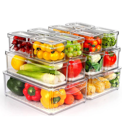 14 pcs BPA-Free Stackable acrylic Fridge Organizer Bins with Lids