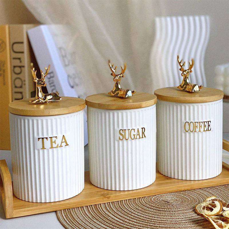 3pcs Ribbed Tea,Coffee Sugar canister
