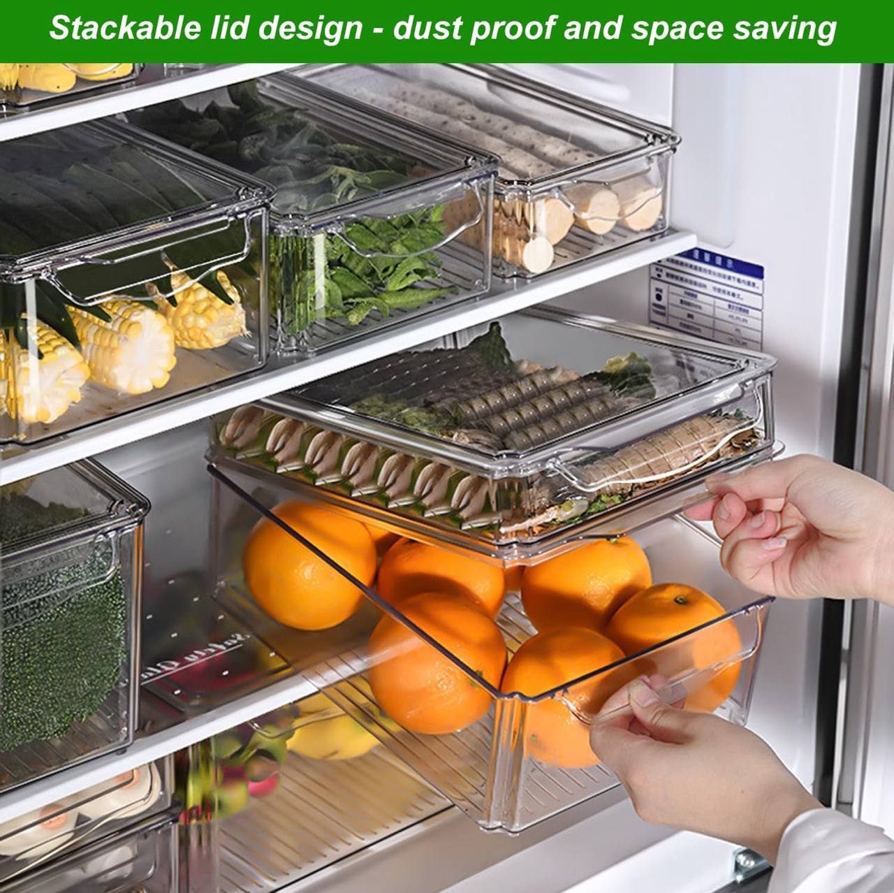 4 pcs Big capacity BPA-Free Stackable acrylic Fridge Organizer Bins with Lids