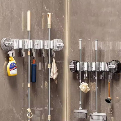 4-Holes Multi-Purpose Hooks Mop Hanger / Rack with  Hanging Hooks & Self adhesive Stickers