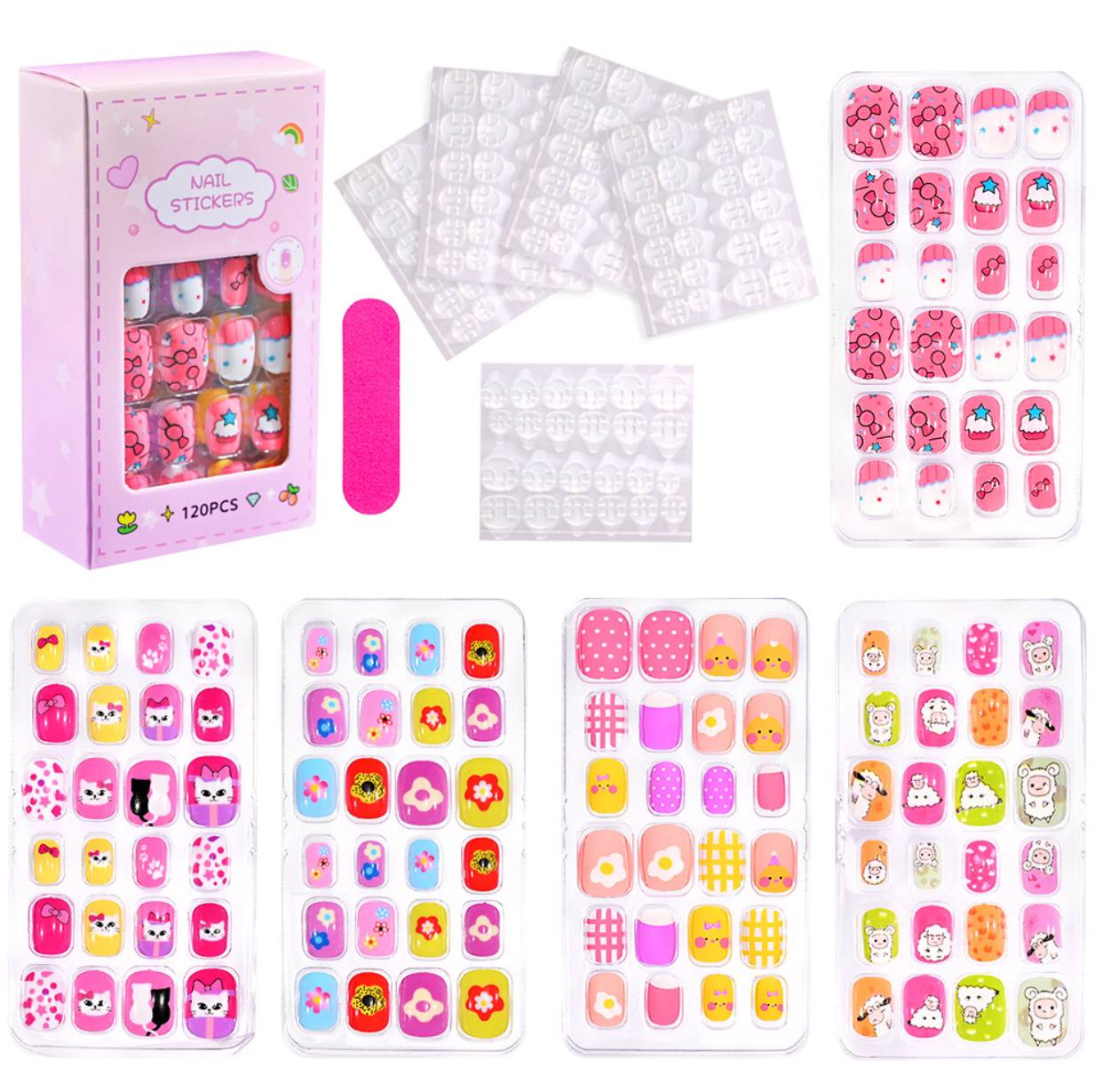 120/24pcs/box Kids Cartoon Pattern Wearing Fake Nails