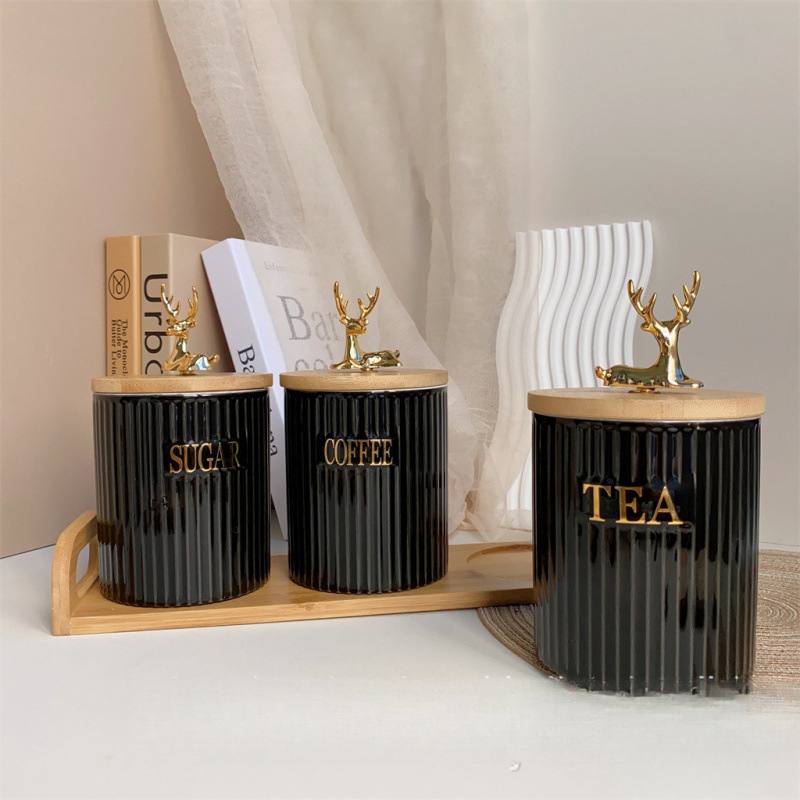 3pcs Ribbed Tea,Coffee Sugar canister
