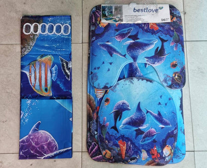 3D 4in1 bathroom woolen mats with a waterproof shower curtain