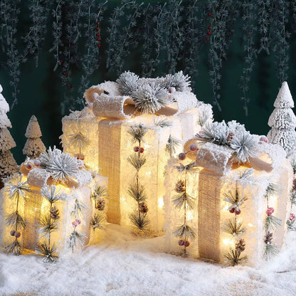 3Pc Set Snow Flocked Christmas Lighted Gift Boxes (Design A) 
 14cm
