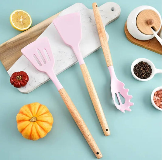 12 Pcs Silicone spoons set with wooden handle