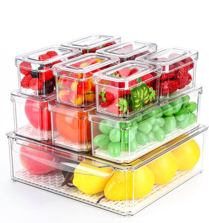 10 pcs BPA-Free Stackable acrylic Fridge Organizer Bins with Lids