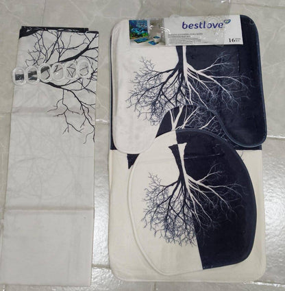 3D 4in1 bathroom woolen mats with a waterproof shower curtain