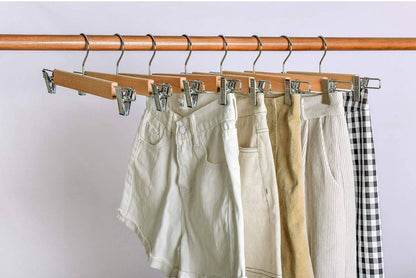 5pcs High Grade Natural Wooden Hangers Skirt Pants Hangers with Clips and 360° Swivel Hook