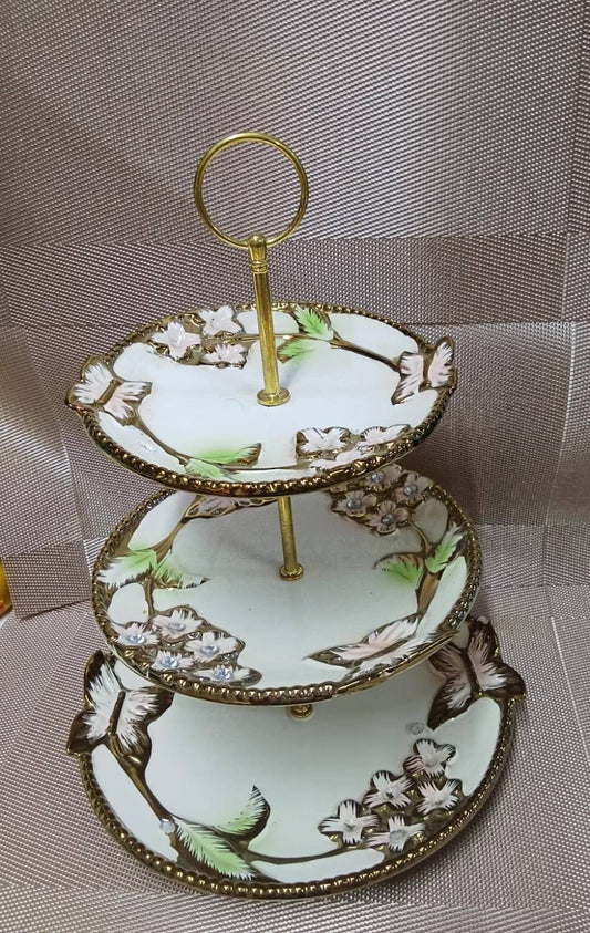 3 layer gold marble cake stand with bamboo