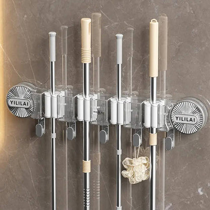 4-Holes Multi-Purpose Hooks Mop Hanger / Rack with  Hanging Hooks & Self adhesive Stickers