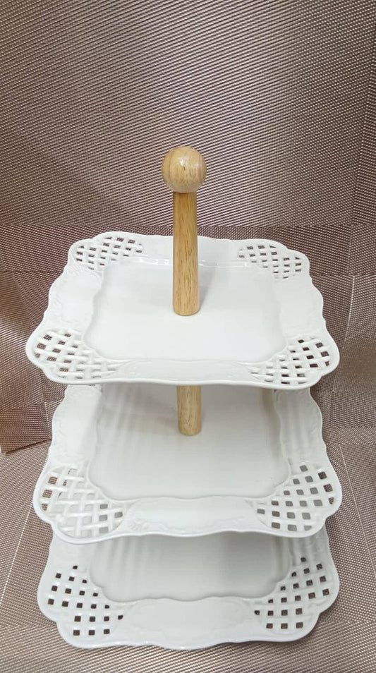 3layer ceramic cake stand with bamboo stand.