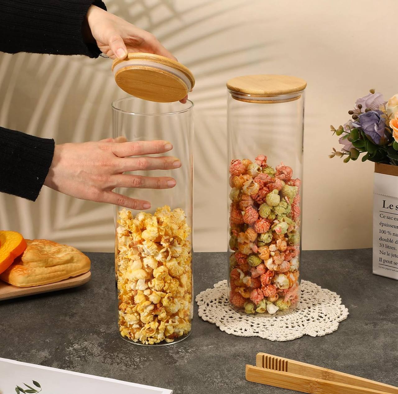 3pc Glass spaghetti/cereal jar with airtight Bamboo lid.