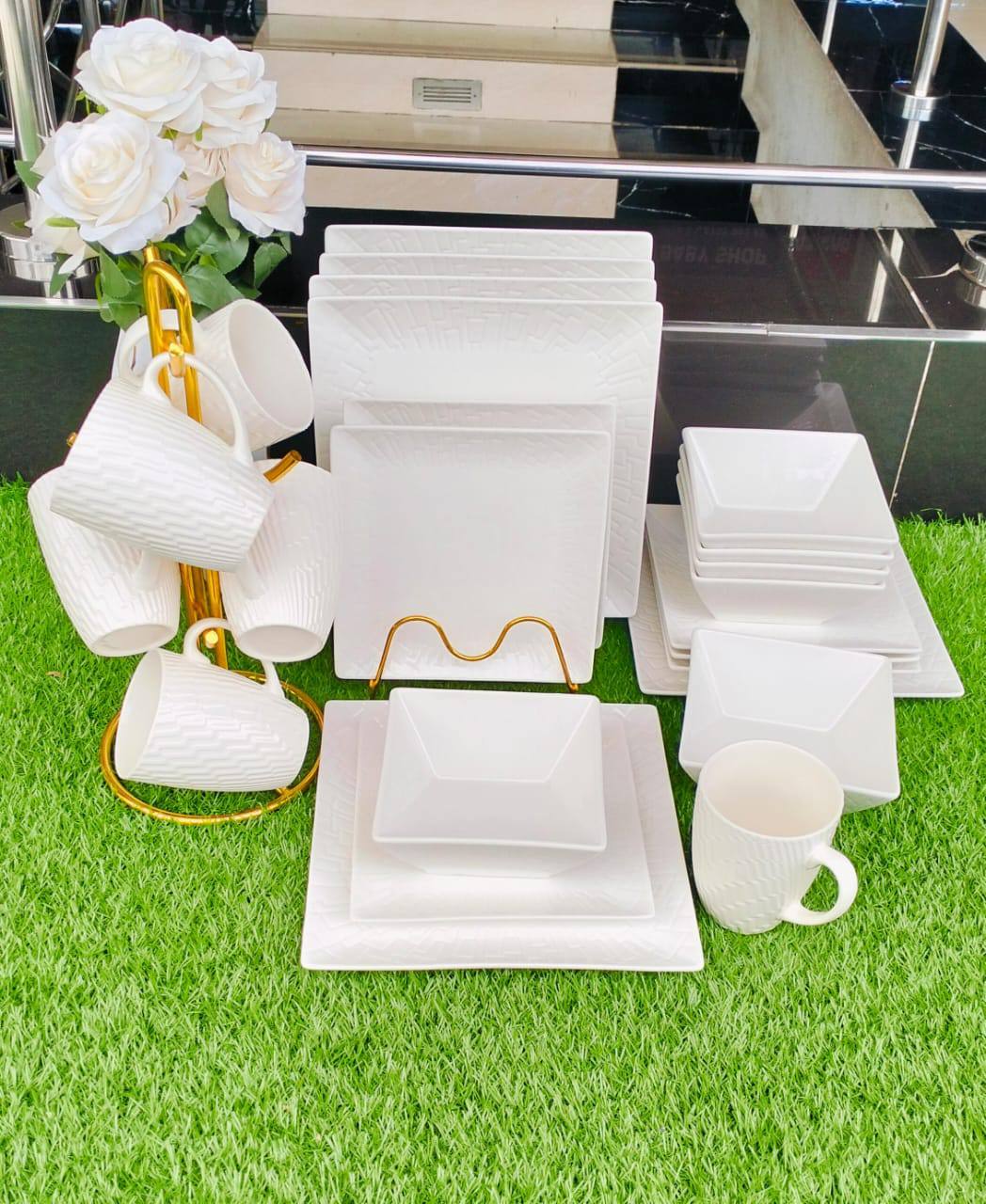 24pcs white plain square dinner set