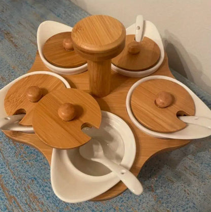 5pcs set cruets spice bowls with rotary bamboo stand