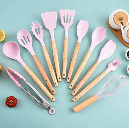12 Pcs Silicone spoons set with wooden handle