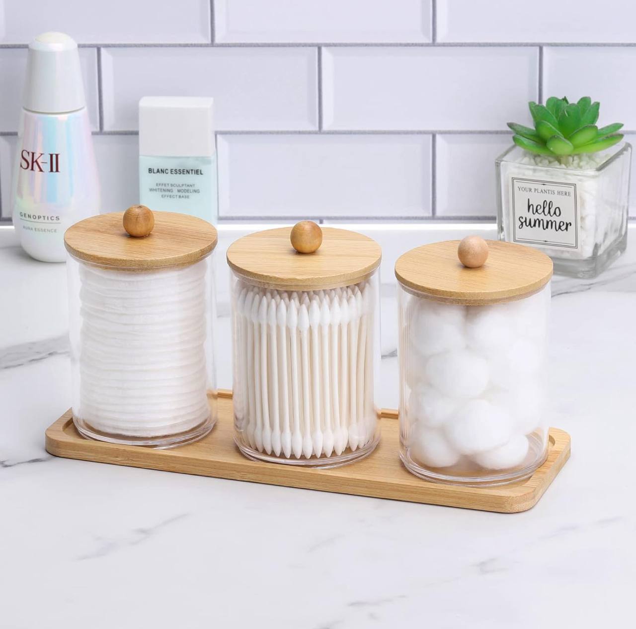 3pcs set acrylic swab storage organizer with Bamboo holder