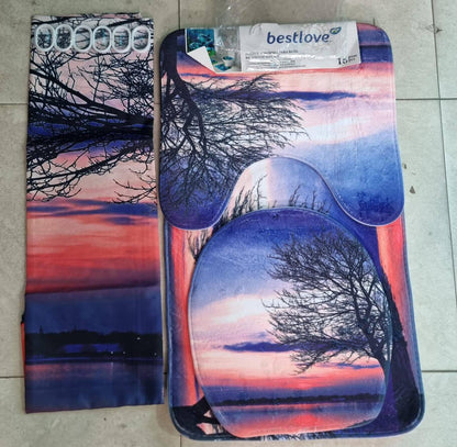 3D 4in1 bathroom woolen mats with a waterproof shower curtain