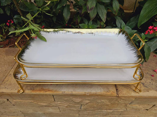 2 pcs ceramic Serving Trays with gold stand