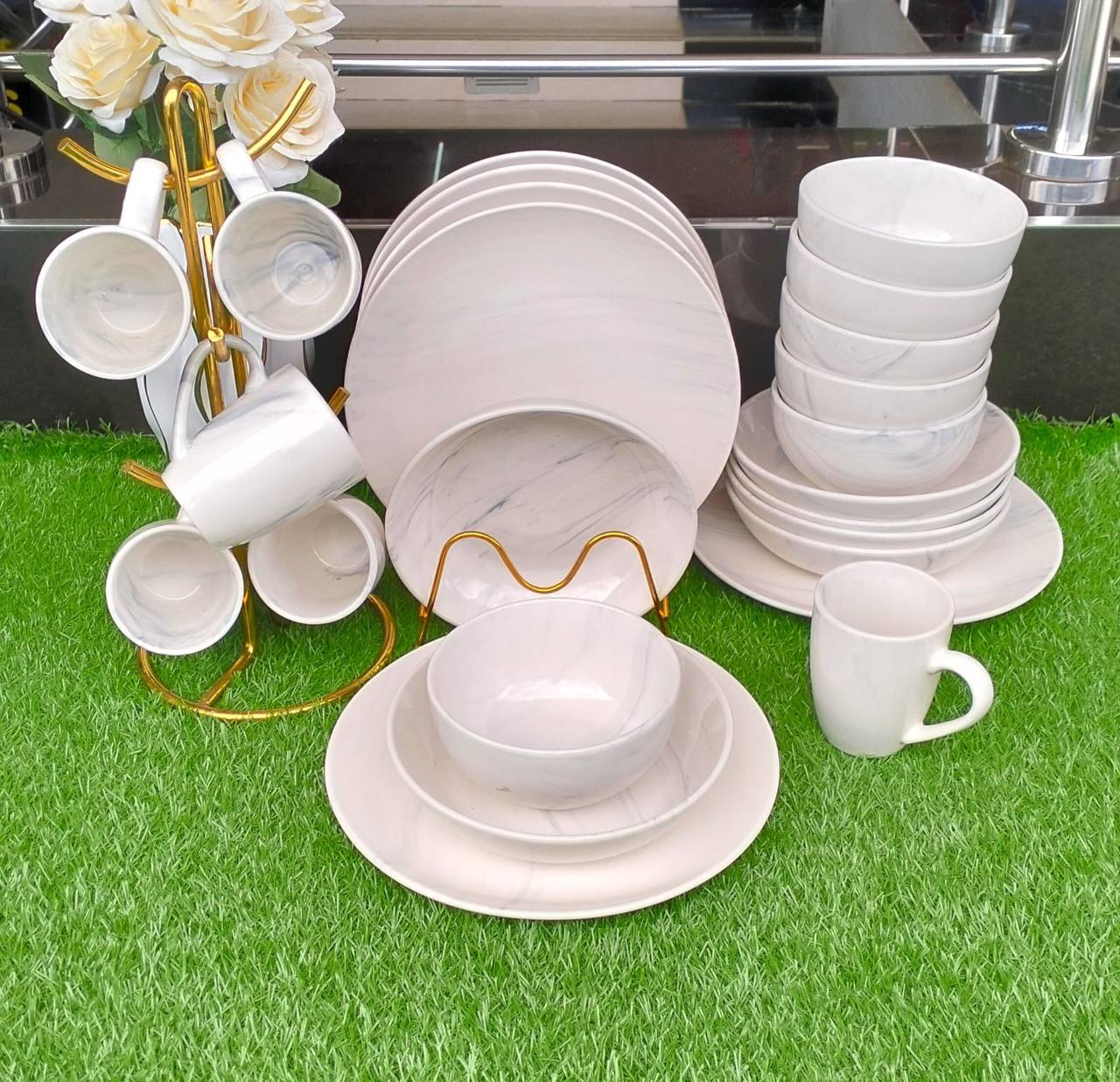 24pcs white-marble plain round dinner set