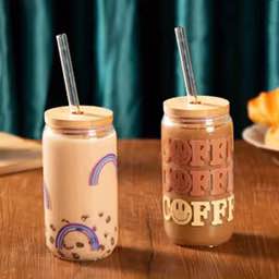 500ml Glass Cup With Lid and Straw