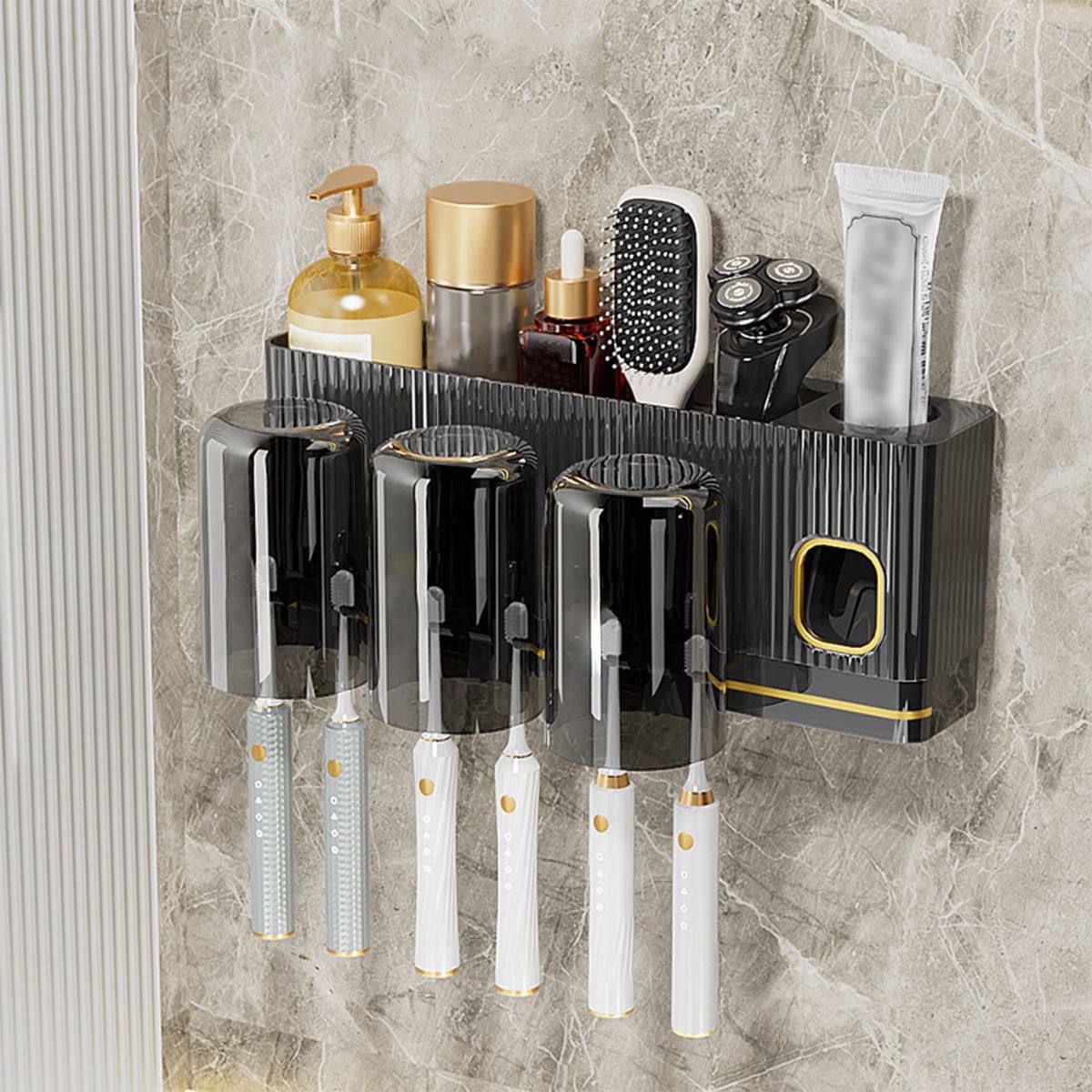 Acrylic Integrated inverted toothbrush holder, toothpaste dispenser, 3 cups bathroom organizer