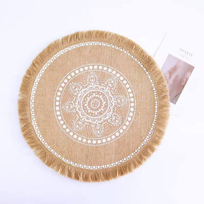 42 cm Boho woven jute dining placemats with silkscreen printing 6pcs