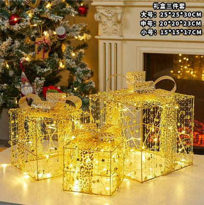 3pcs/set Christmas Decoration Gift Box With Lights Christmas Tree Ornament Iron Art