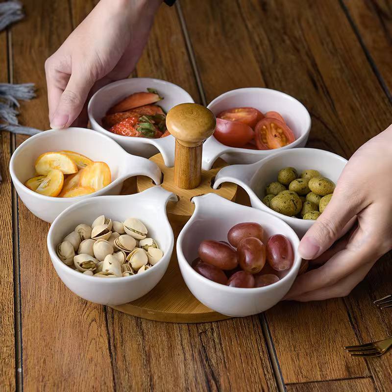6pcs ceramic sauce bowls set with Rotary Bamboo Stand