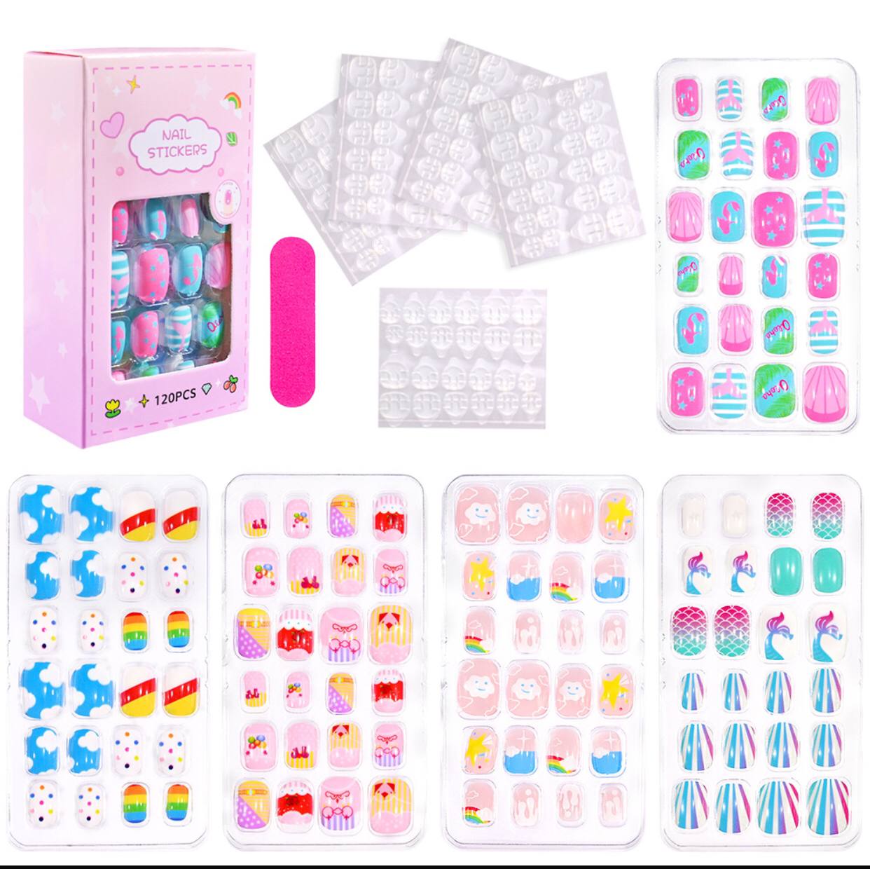 120/24pcs/box Kids Cartoon Pattern Wearing Fake Nails