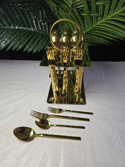 24pcs Gold Cutlery Set with Unique Stand
