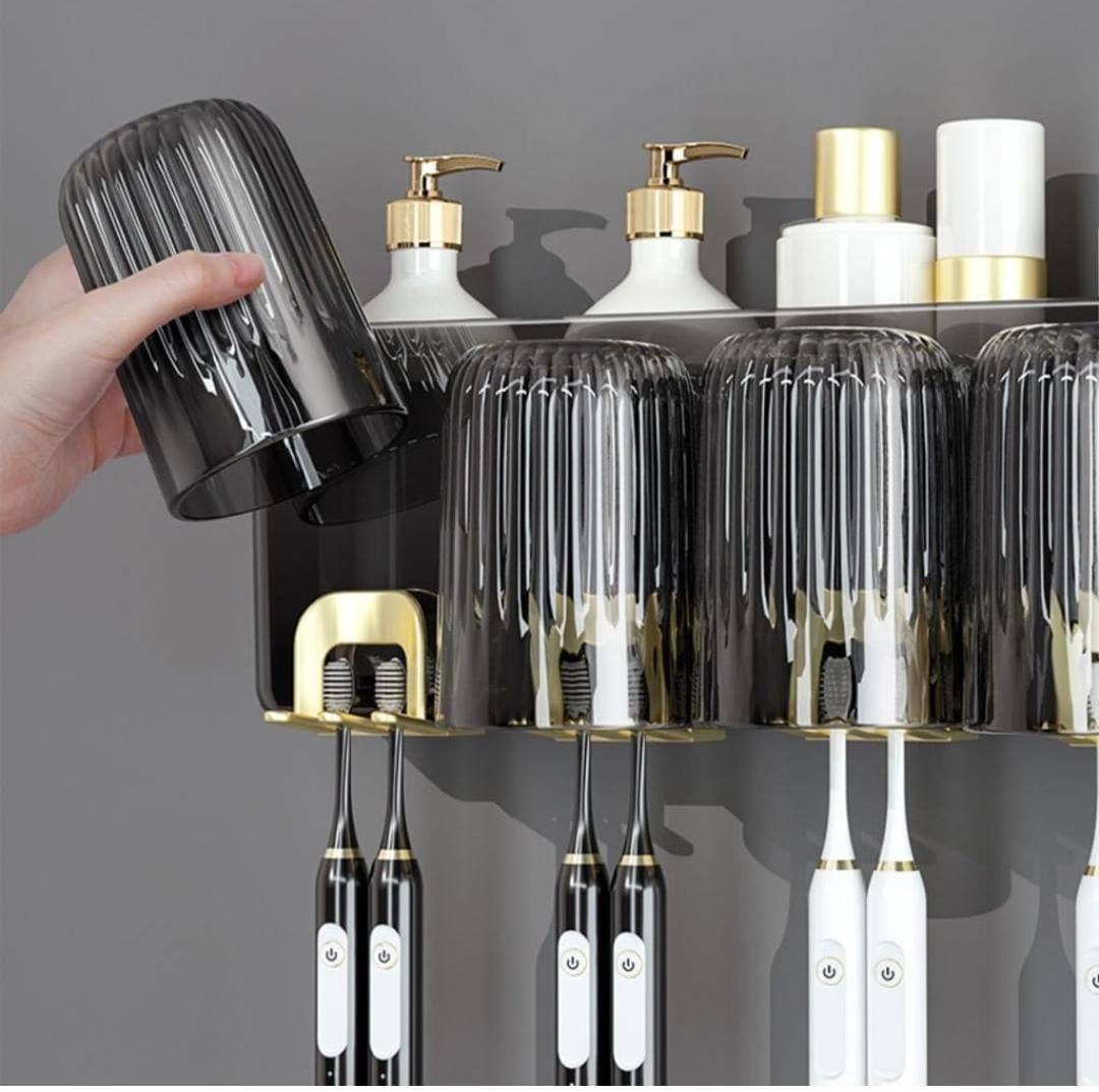 Acrylic Integrated inverted toothbrush holder, toothpaste dispenser, 3 cups bathroom organizer